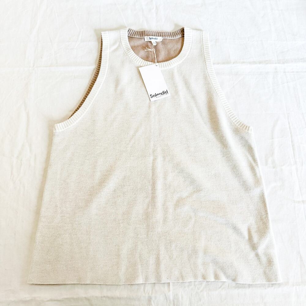 Splendid Cashmere Blend Sleeveless Vest Cream Brown Reversible Sweater Size L